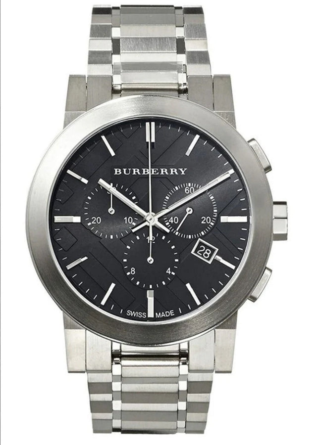 Front view of Burberry BU9351 The City men’s watch with silver stainless steel bracelet and black dial