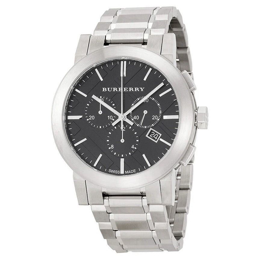 Front view of Burberry BU9351 The City men’s watch with silver stainless steel bracelet and black dial