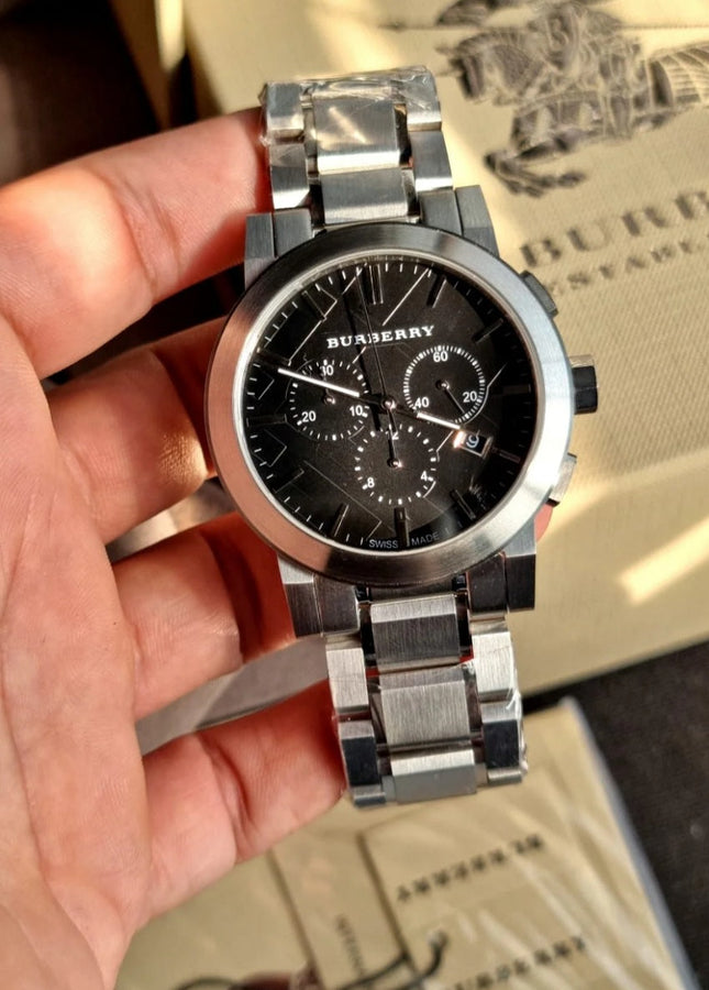 Front view of Burberry BU9351 The City men’s watch with silver stainless steel bracelet and black dial