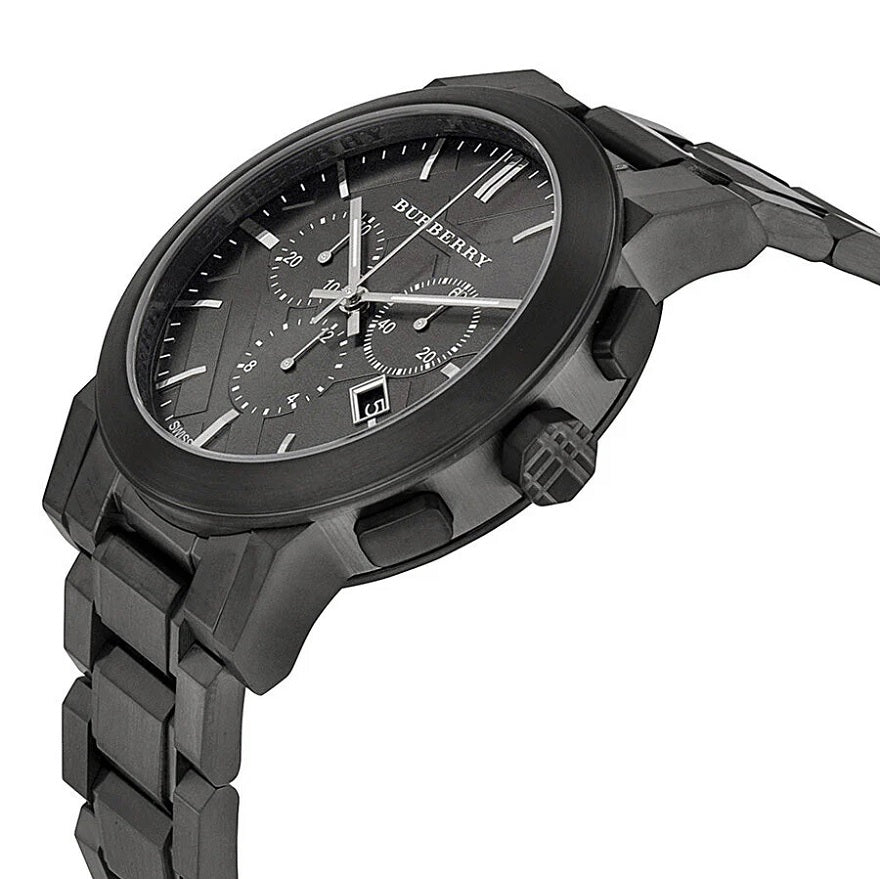Front view of Burberry BU9354 The City men’s watch with dark grey stainless steel strap and dark grey dial