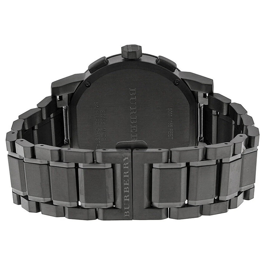 Front view of Burberry BU9354 The City men’s watch with dark grey stainless steel strap and dark grey dial