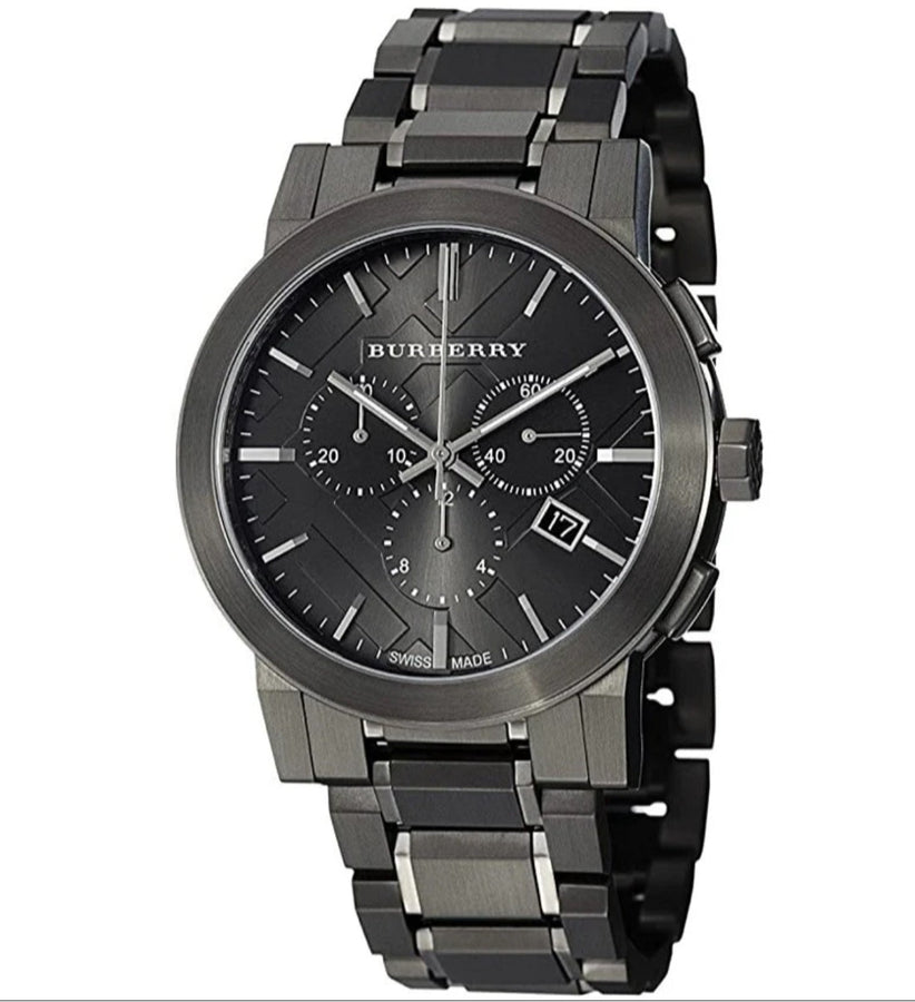 Front view of Burberry BU9354 The City men’s watch with dark grey stainless steel strap and dark grey dial