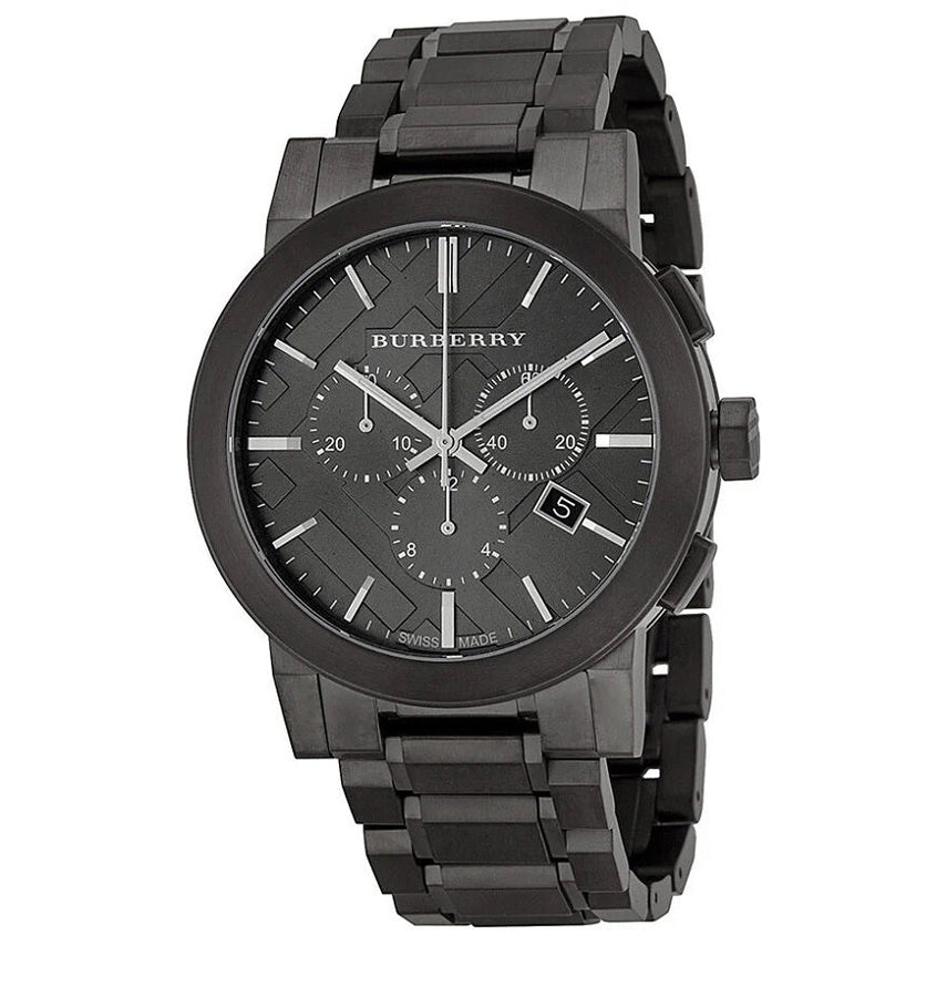 Front view of Burberry BU9354 The City men’s watch with dark grey stainless steel strap and dark grey dial