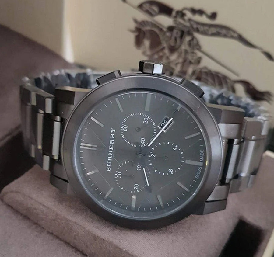 Front view of Burberry BU9354 The City men’s watch with dark grey stainless steel strap and dark grey dial