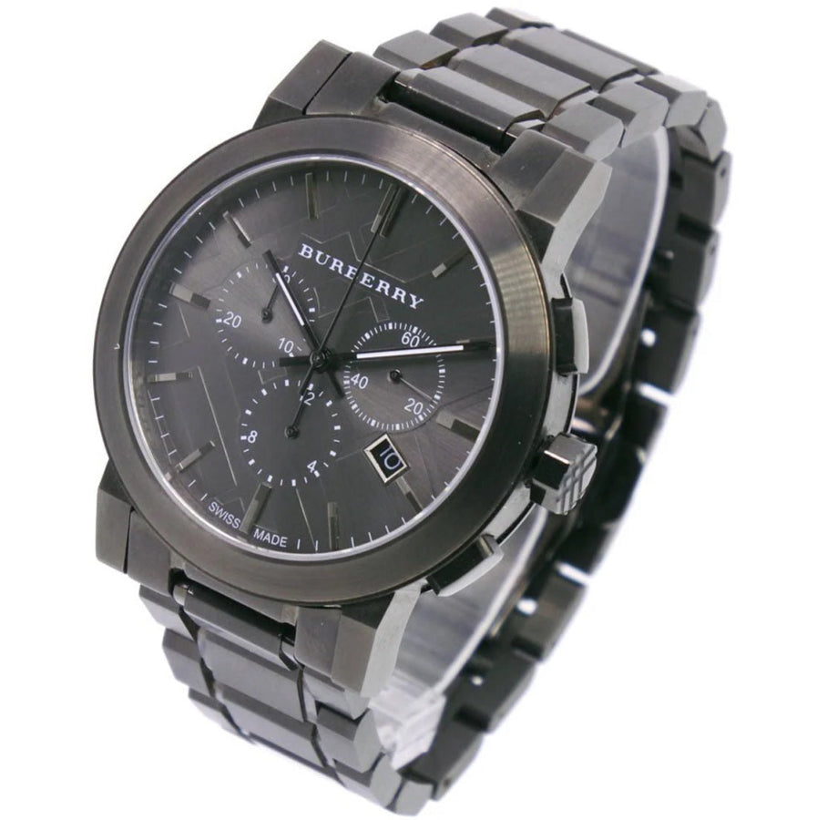 Front view of Burberry BU9354 The City men’s watch with dark grey stainless steel strap and dark grey dial