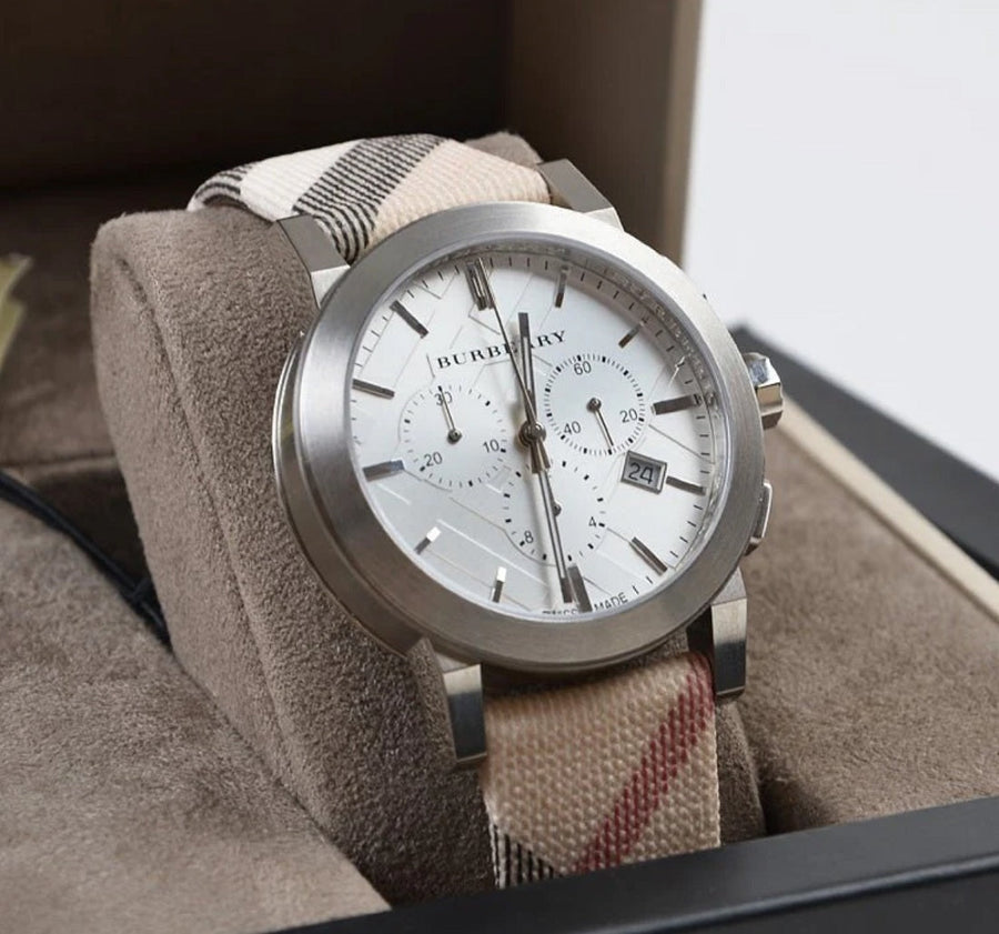 Front view of Burberry BU9357 The City men’s watch with multicolour leather strap and silver dial