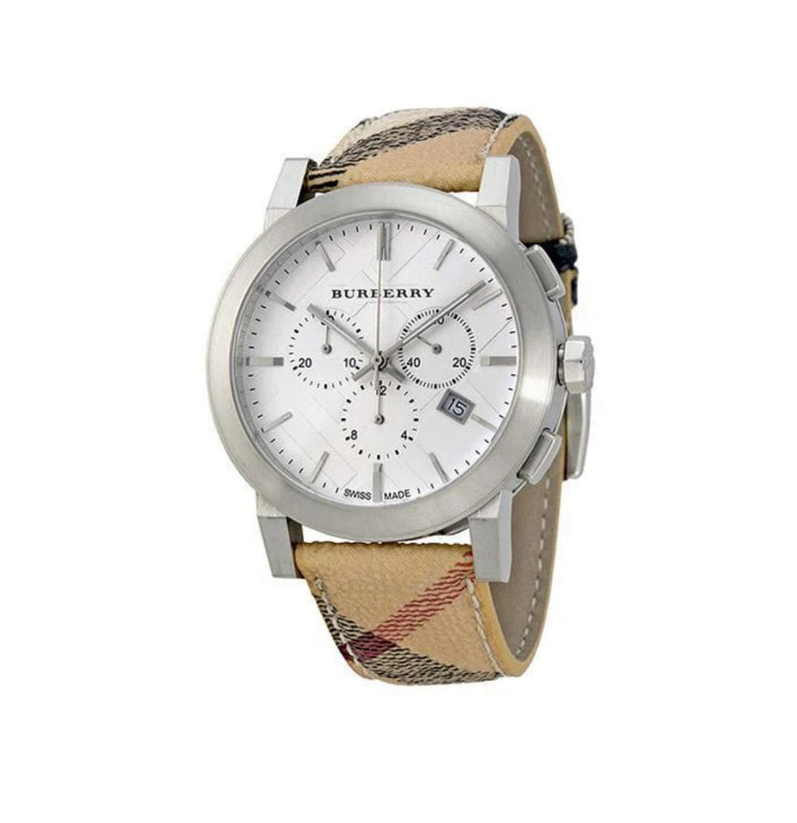 Front view of Burberry BU9357 The City men’s watch with multicolour leather strap and silver dial