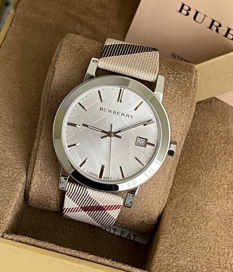 Front view of Burberry BU9357 The City men’s watch with multicolour leather strap and silver dial