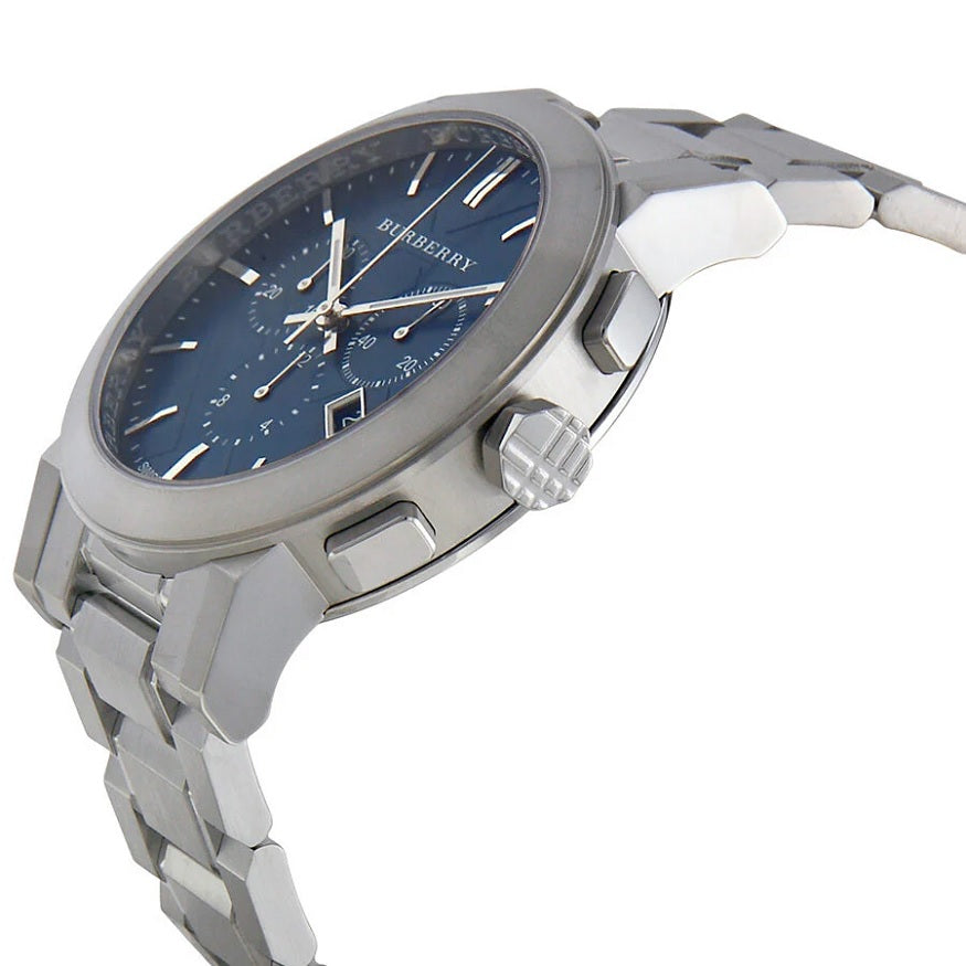 Front view of Burberry BU9363 men’s watch with stainless steel silver strap and blue dial