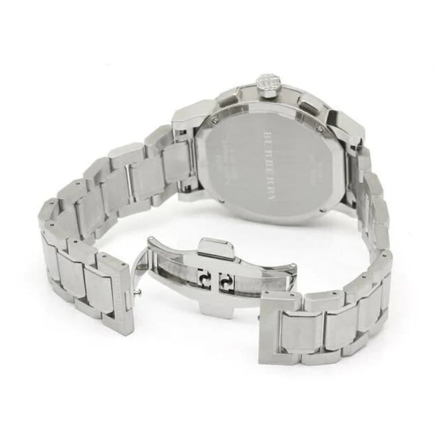 Front view of Burberry BU9363 men’s watch with stainless steel silver strap and blue dial