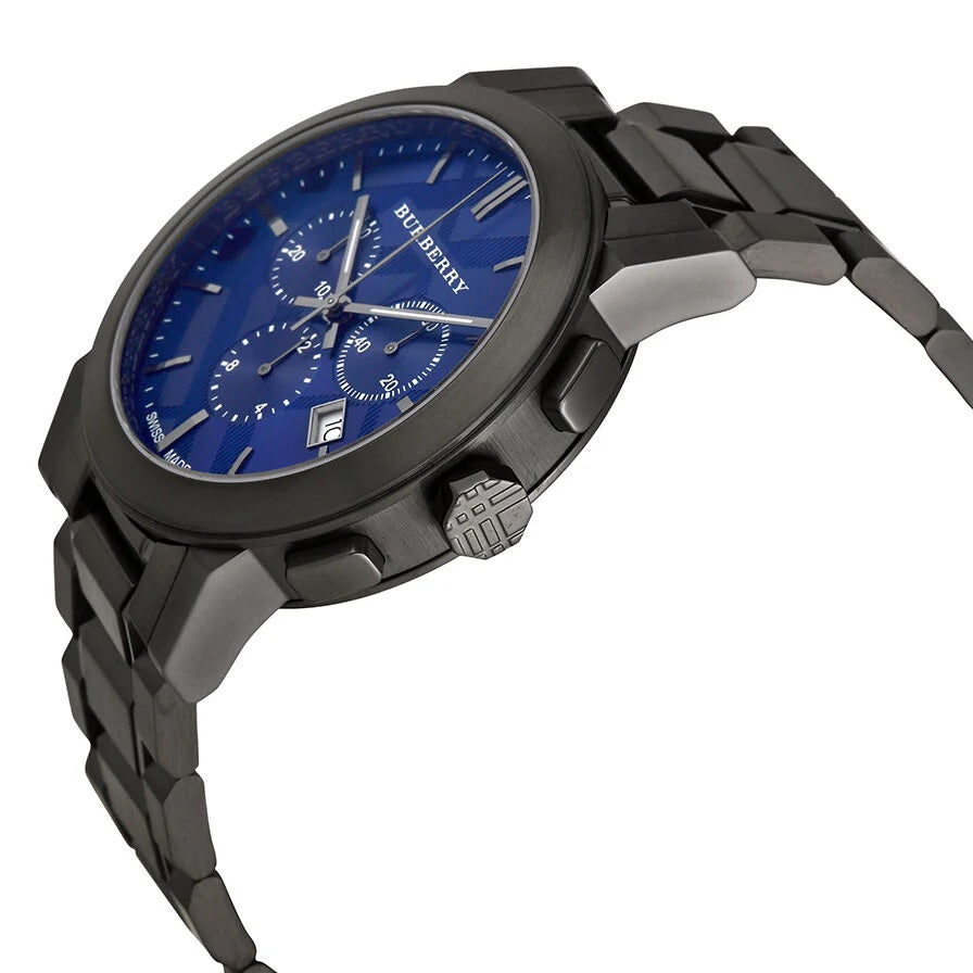 Front view of Burberry BU9365 men’s watch featuring blue dial and grey stainless steel strap
