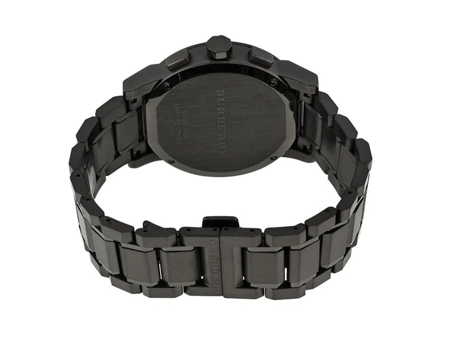 Front view of Burberry BU9365 men’s watch featuring blue dial and grey stainless steel strap