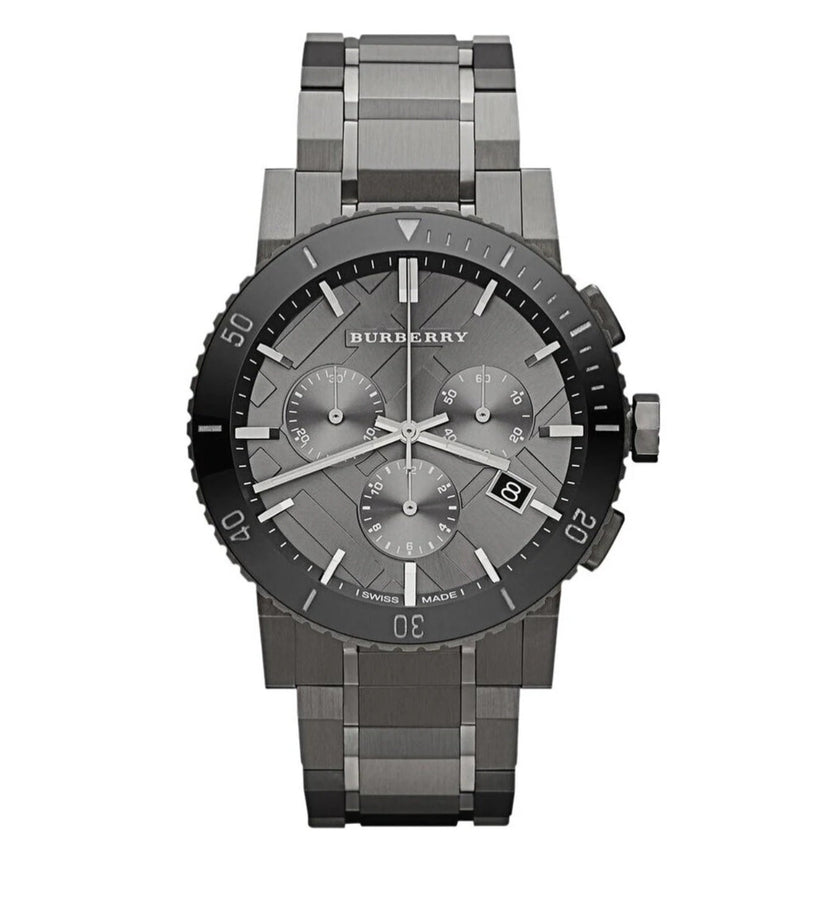 Front view of Burberry BU9381 The City men’s watch with grey strap and grey dial