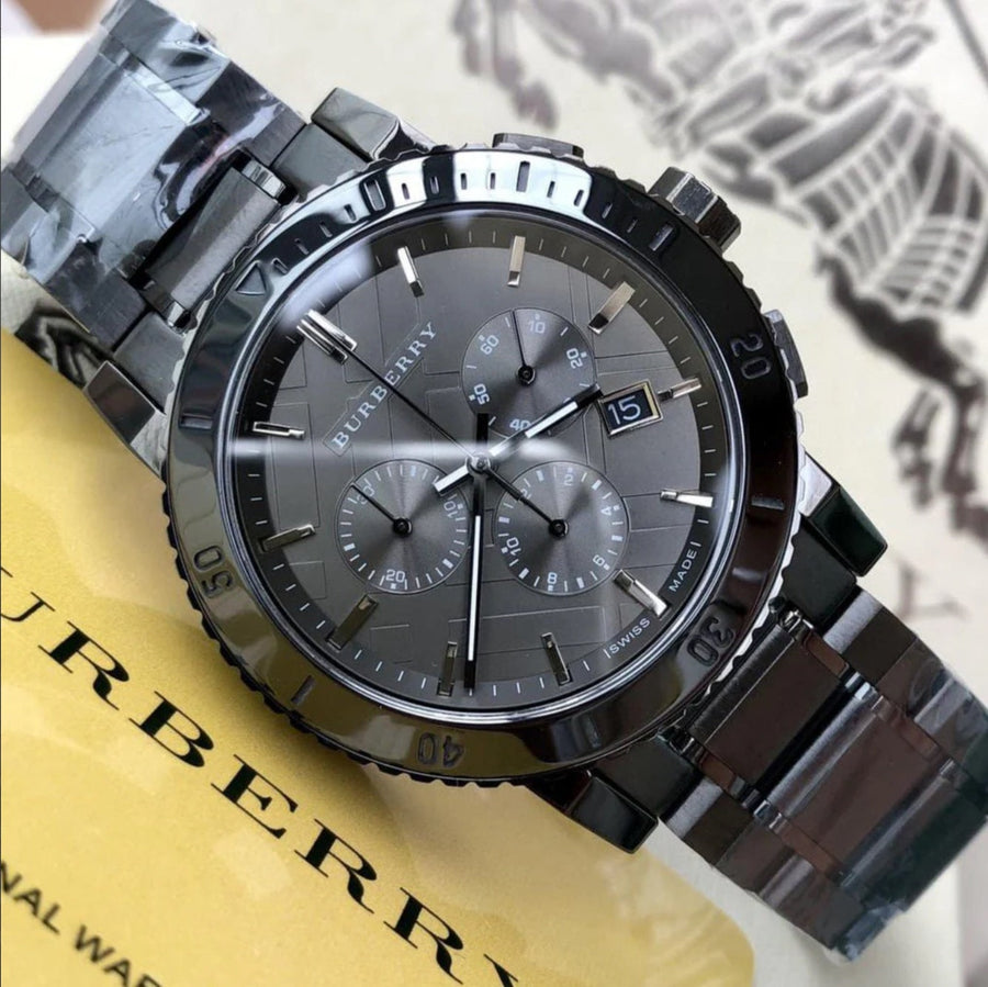 Front view of Burberry BU9381 The City men’s watch with grey strap and grey dial