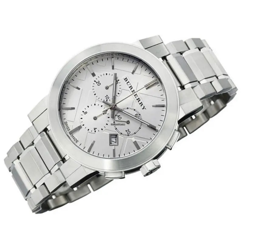 Front view of Burberry BU9750 The City watch with silver strap and silver dial