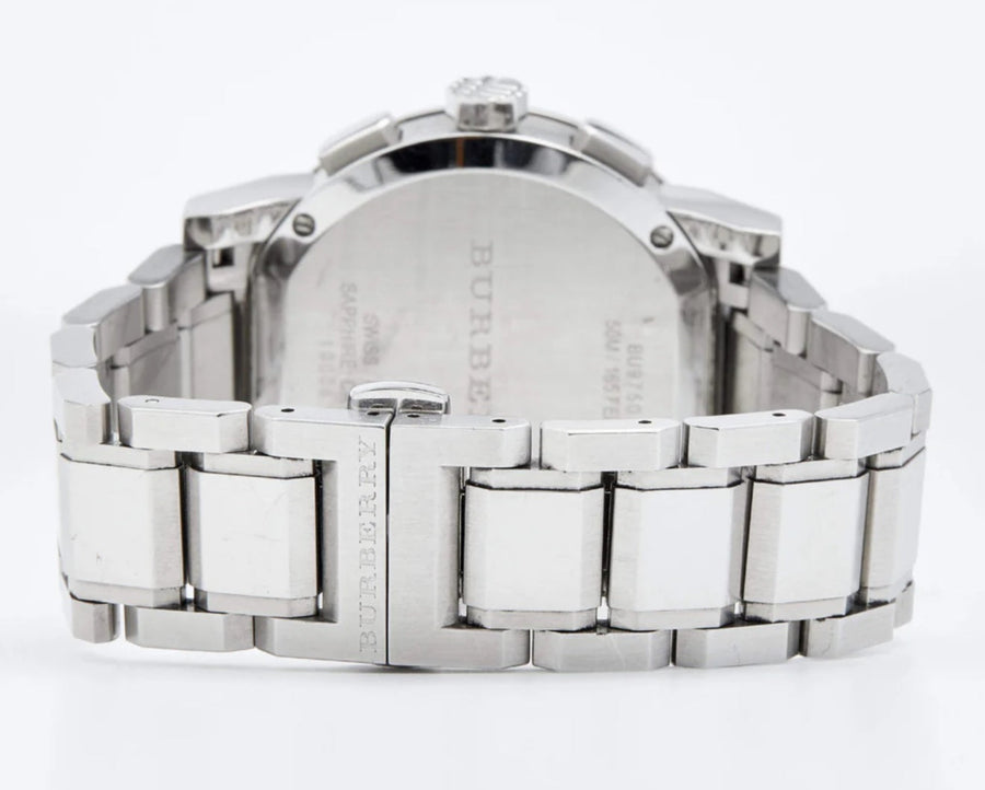 Front view of Burberry BU9750 The City watch with silver strap and silver dial