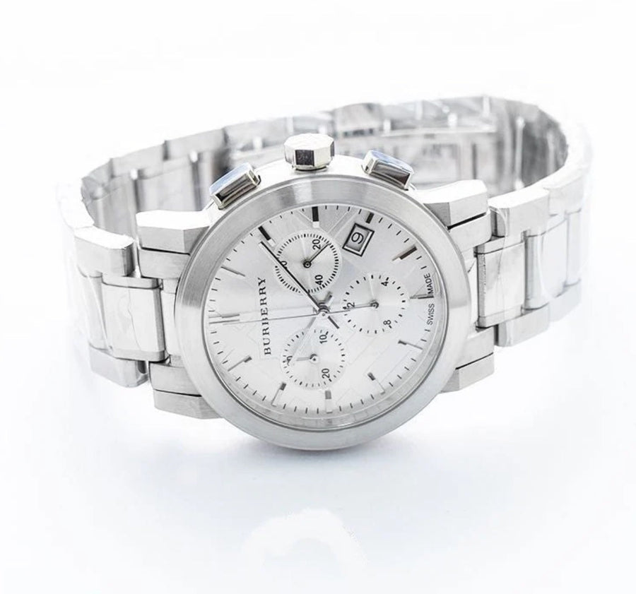 Front view of Burberry BU9750 The City watch with silver strap and silver dial