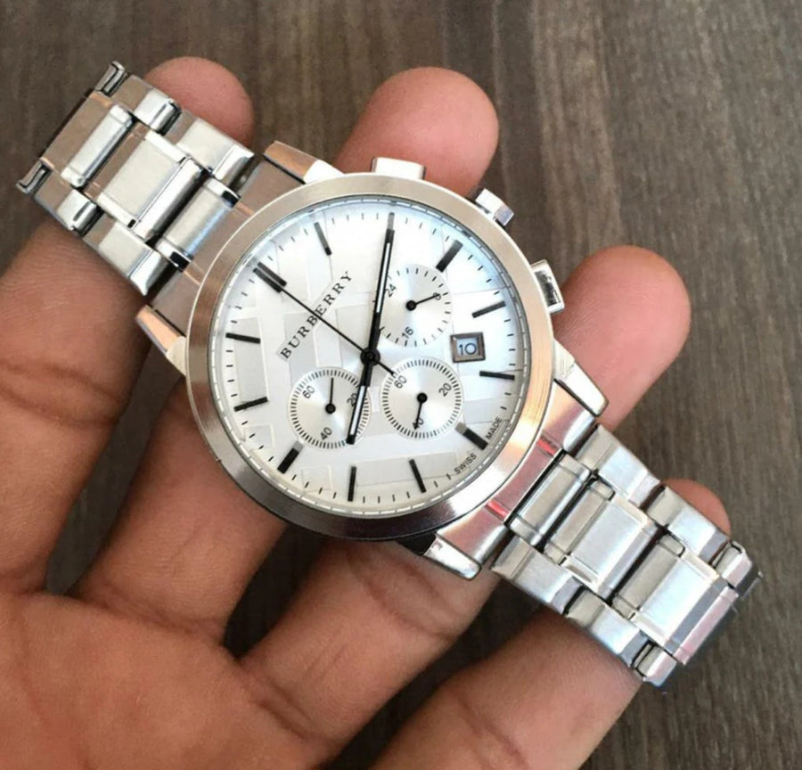 Front view of Burberry BU9750 The City watch with silver strap and silver dial