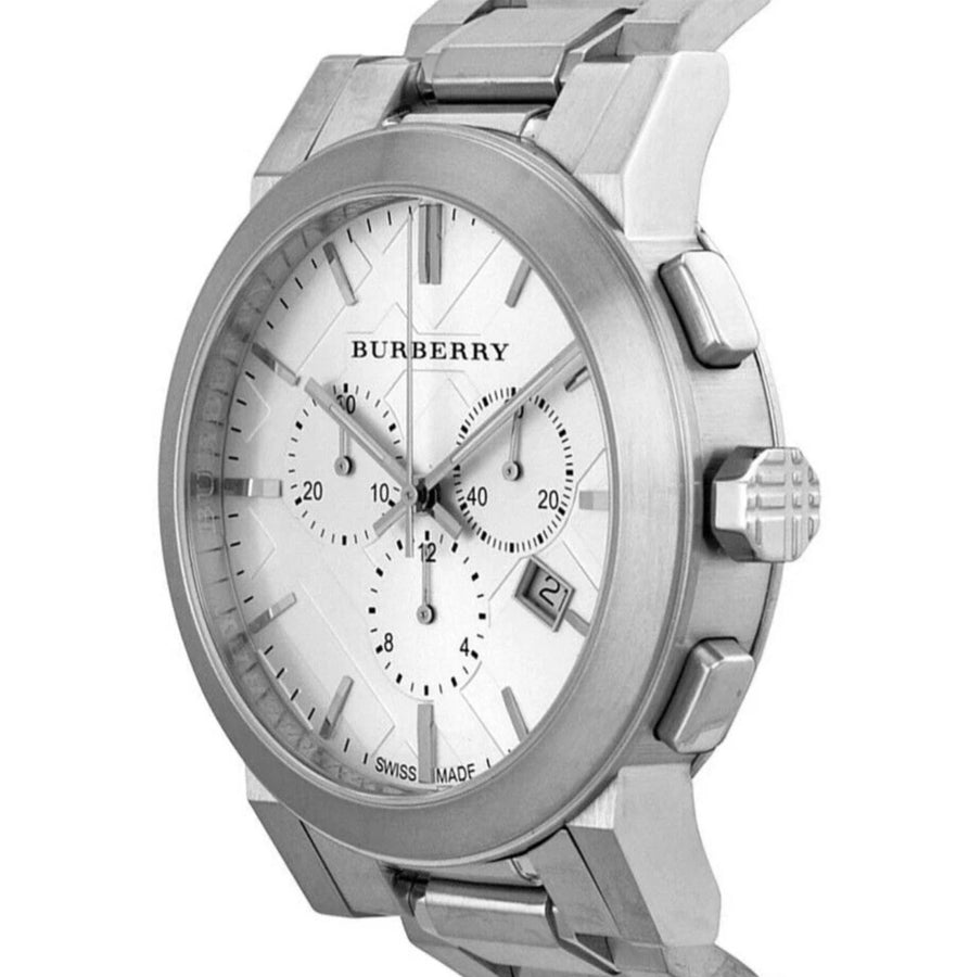 Front view of Burberry BU9750 The City watch with silver strap and silver dial