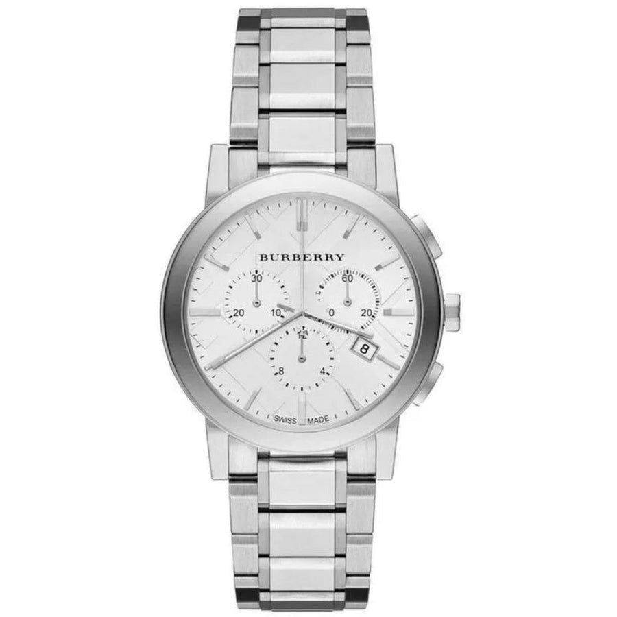 Front view of Burberry BU9750 The City watch with silver strap and silver dial