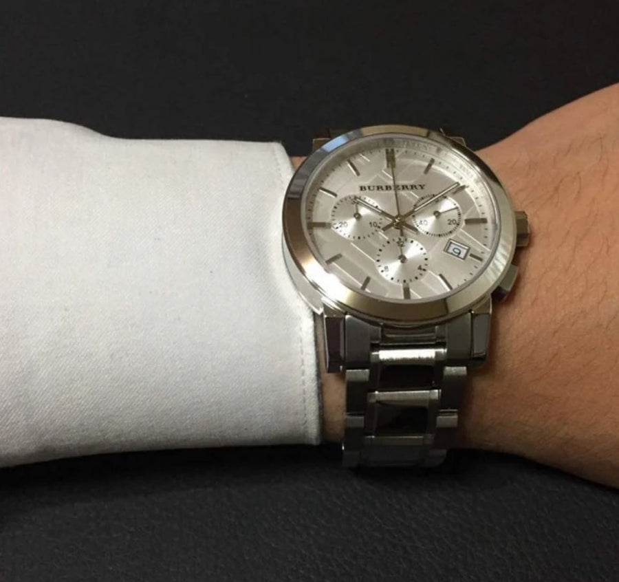 Front view of Burberry BU9750 The City watch with silver strap and silver dial