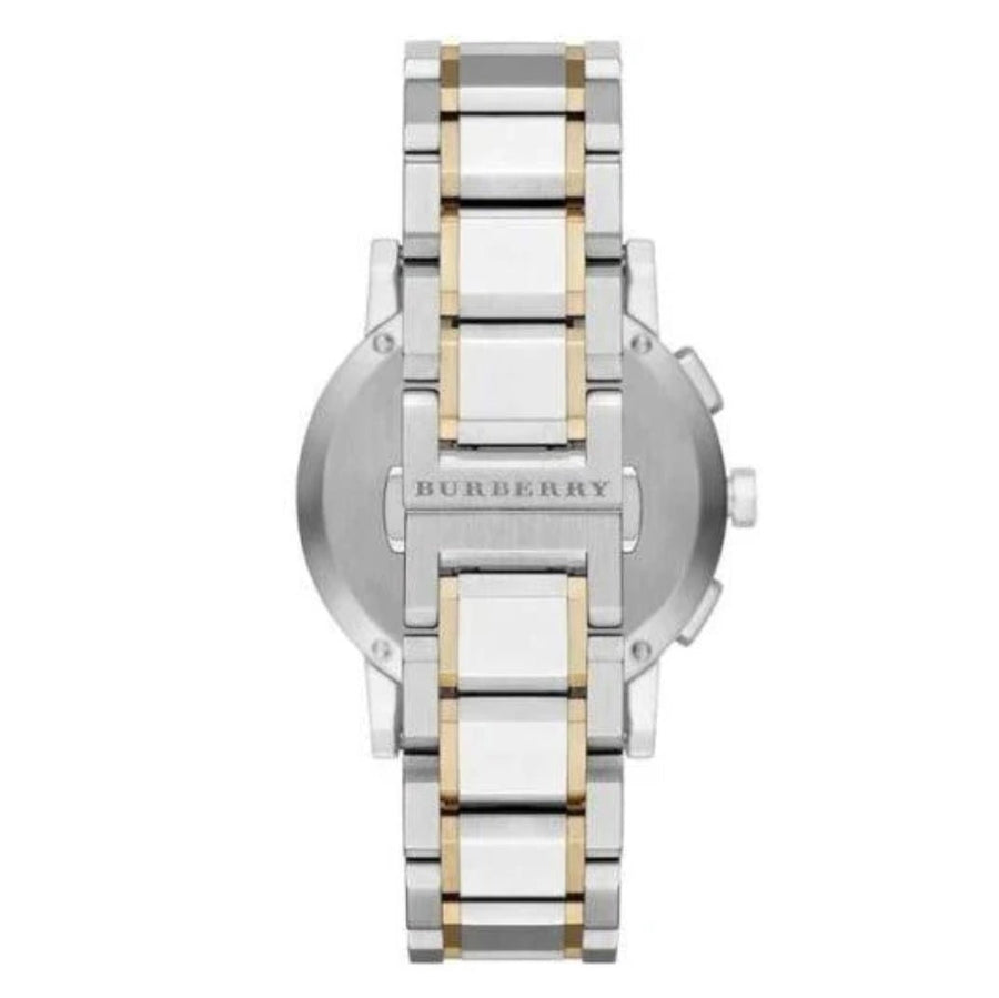Close-up of Burberry BU9751 silver dial with The City Collection design