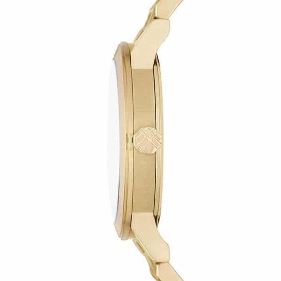 Front view of Burberry BU9038 unisex gold stainless steel watch with matching gold dial