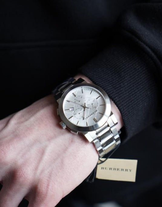 Front view of Burberry BU9350 The City men’s watch with stainless steel silver strap and silver dial