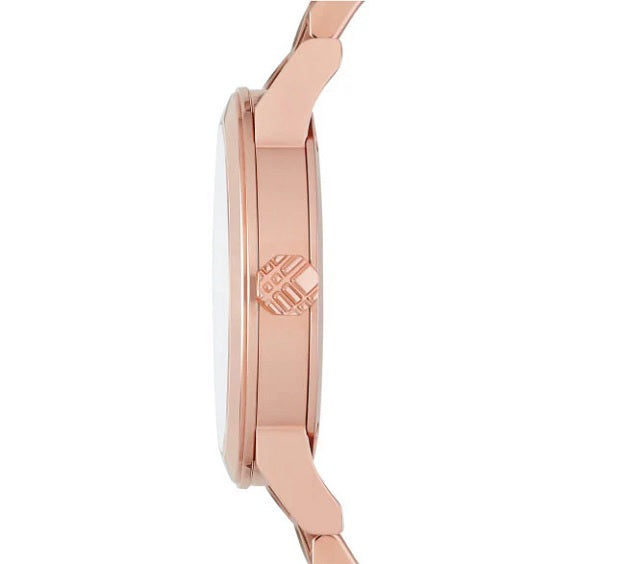 Close-up of Burberry BU9146 rose gold dial and minimalist face design