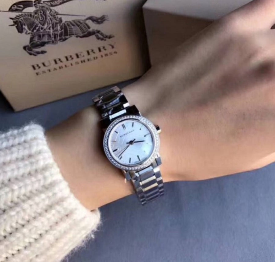Front view of Burberry Women’s BU9220 silver stainless steel watch with crystal accents