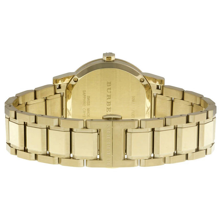 Front view of Burberry BU9033 unisex gold stainless steel watch with gold dial and minimalist design