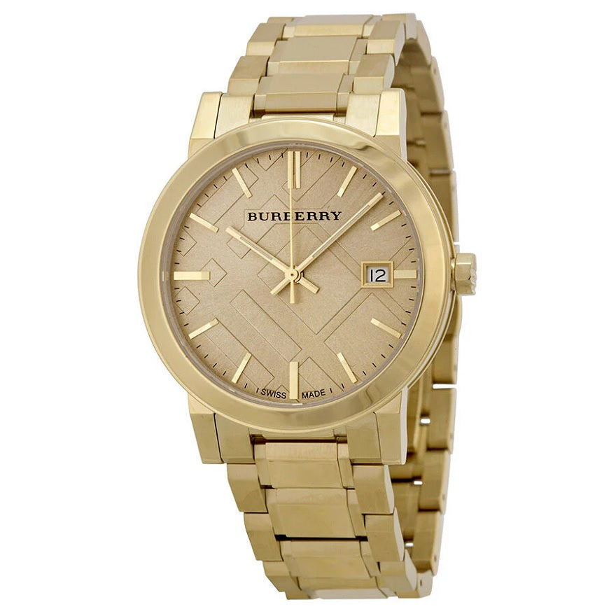 Front view of Burberry BU9033 unisex gold stainless steel watch with gold dial and minimalist design