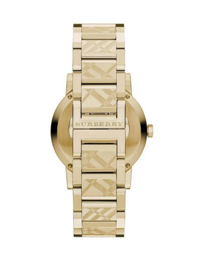 Front view of Burberry BU9038 unisex gold stainless steel watch with matching gold dial