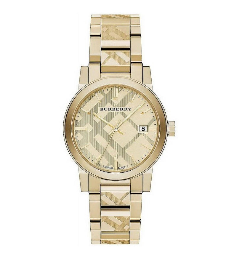 Front view of Burberry BU9038 unisex gold stainless steel watch with matching gold dial