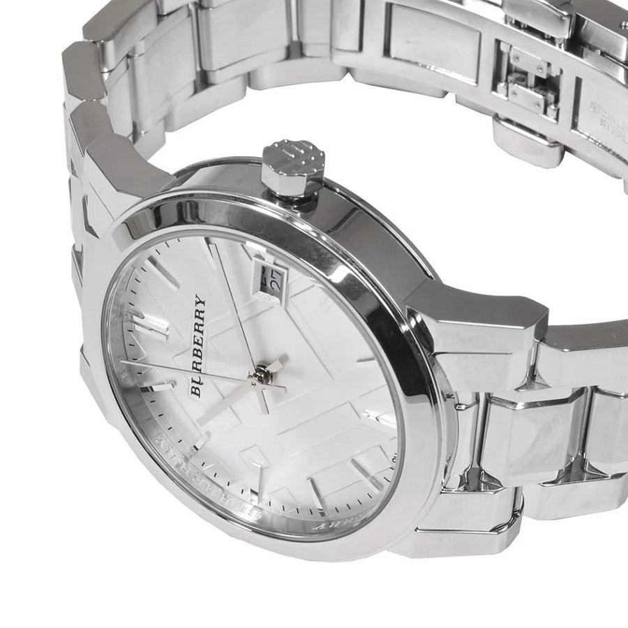 Elegant front view of Burberry BU9100 The City women’s watch with silver stainless steel strap and dial