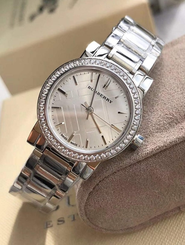 Front view of Burberry Women’s BU9220 silver stainless steel watch with crystal accents