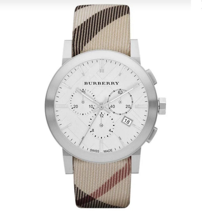 Front view of Burberry BU9357 The City men’s watch with multicolour leather strap and silver dial