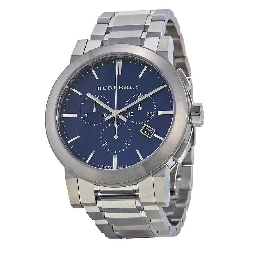 Front view of Burberry BU9363 men’s watch with stainless steel silver strap and blue dial