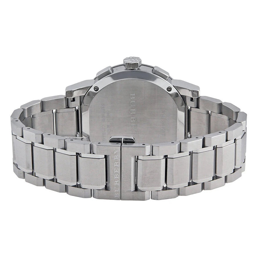 Front view of Burberry BU9363 men’s watch with stainless steel silver strap and blue dial