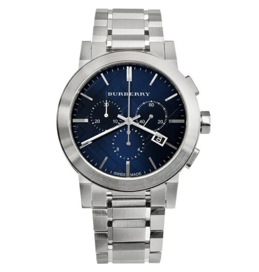 Front view of Burberry BU9363 men’s watch with stainless steel silver strap and blue dial