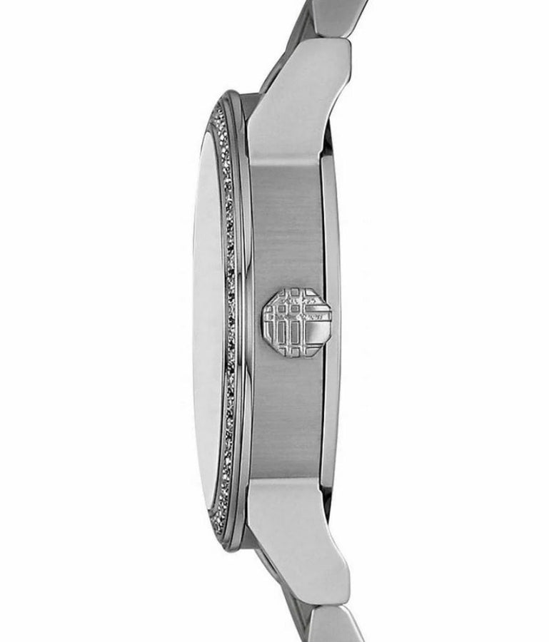 Front view of Burberry Women’s BU9220 silver stainless steel watch with crystal accents