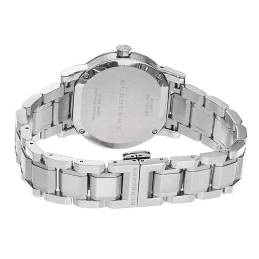 Elegant front view of Burberry BU9100 The City women’s watch with silver stainless steel strap and dial