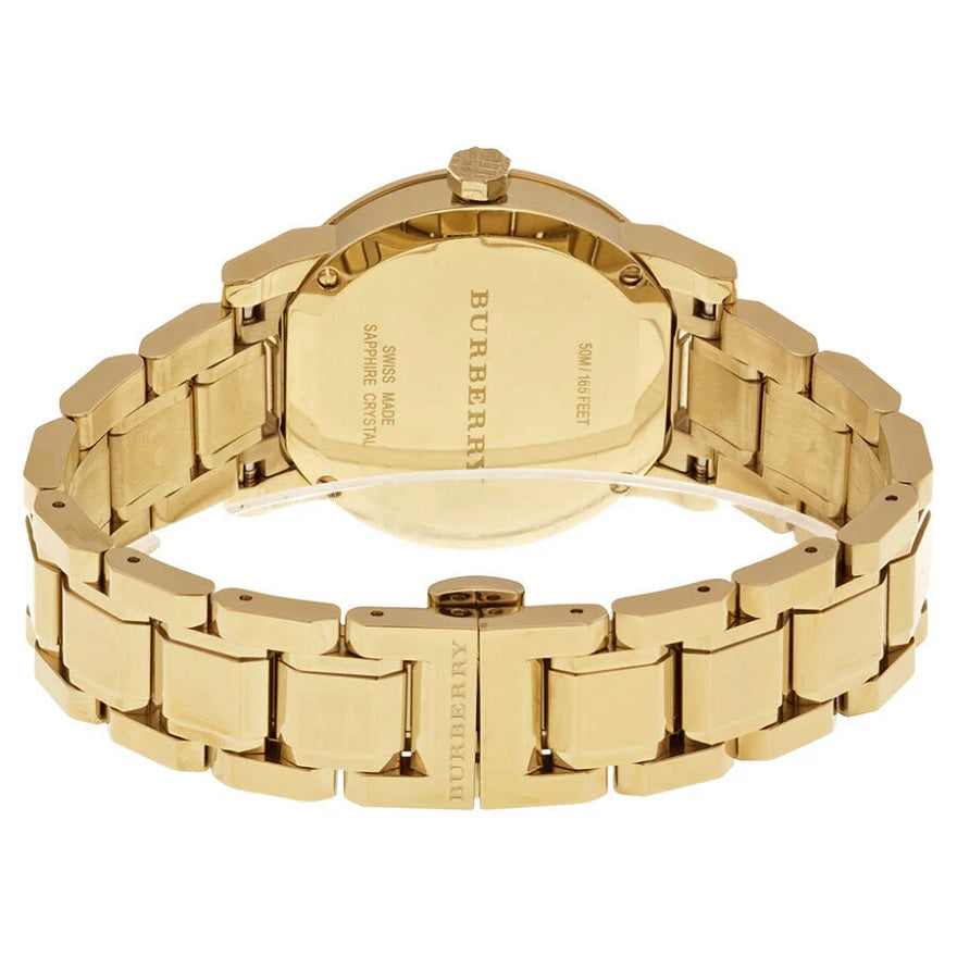 Front view of Burberry BU9134 women’s gold stainless steel watch with matching gold dial