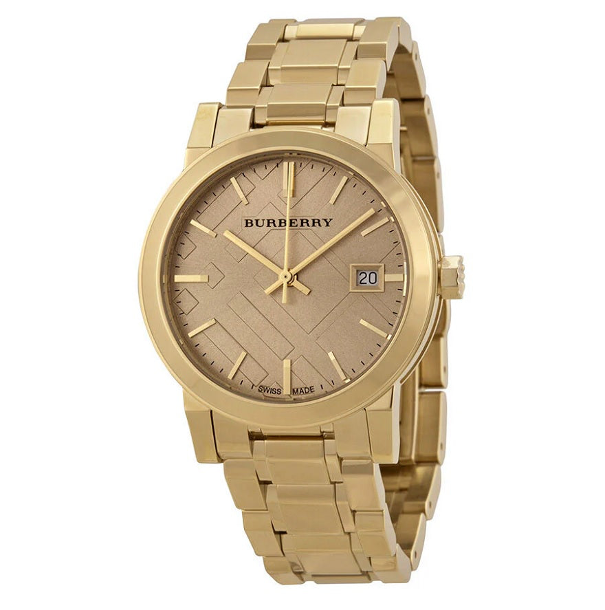 Front view of Burberry BU9134 women’s gold stainless steel watch with matching gold dial