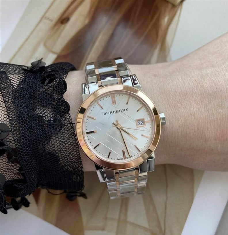 Burberry BU9105 Silver With Rose Gold Tone Stainless Steel Strap And Silver Dial Watch For Women