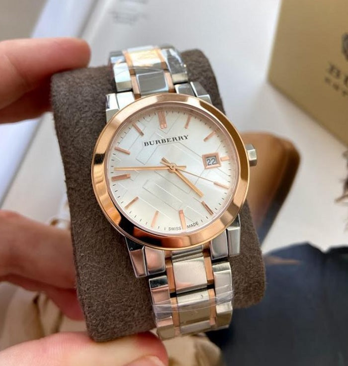 Burberry BU9105 Silver With Rose Gold Tone Stainless Steel Strap And Silver Dial Watch For Women