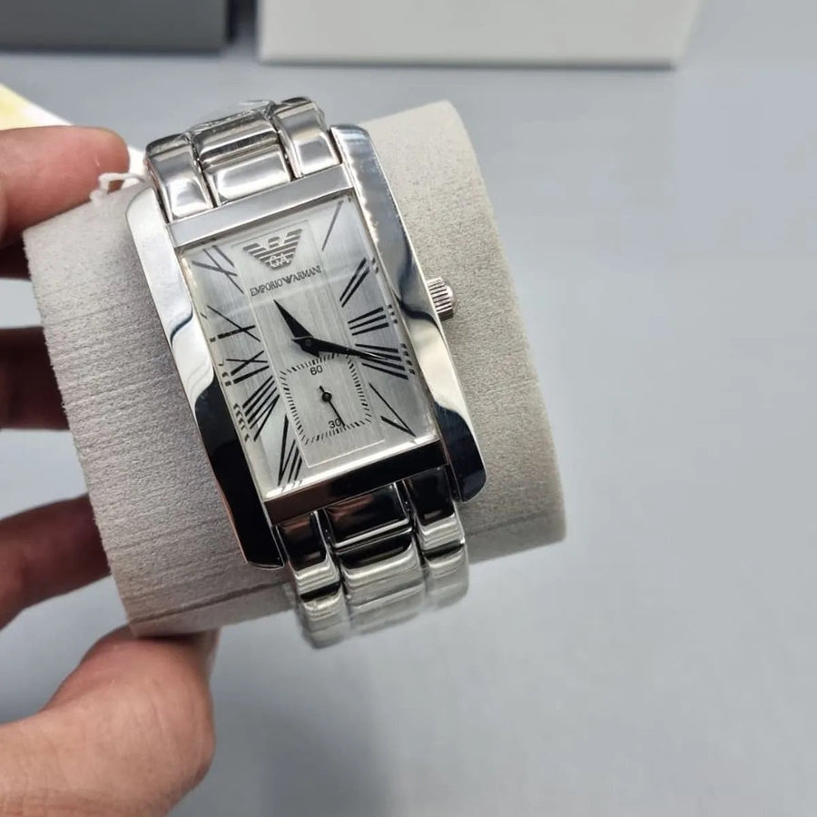 Close-up of Emporio Armani AR0145 white dial with minimalist design and classic rectangular shape