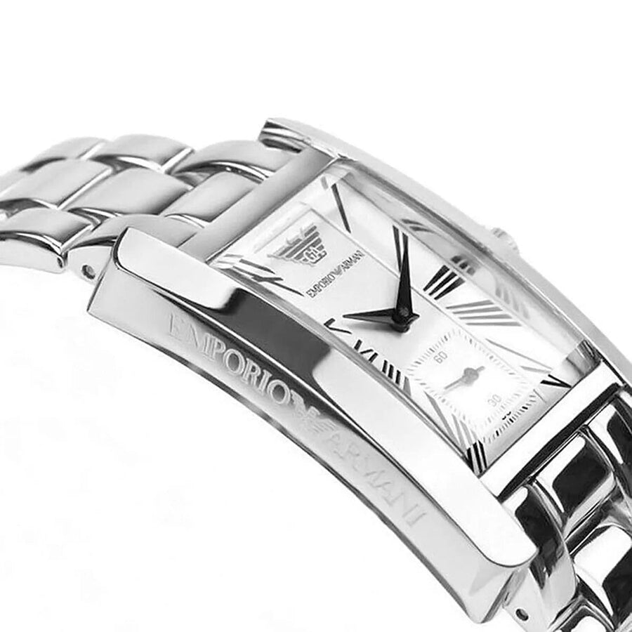 Close-up of Emporio Armani AR0145 white dial with minimalist design and classic rectangular shape