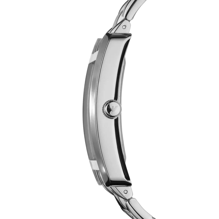 Close-up of Emporio Armani AR0145 white dial with minimalist design and classic rectangular shape