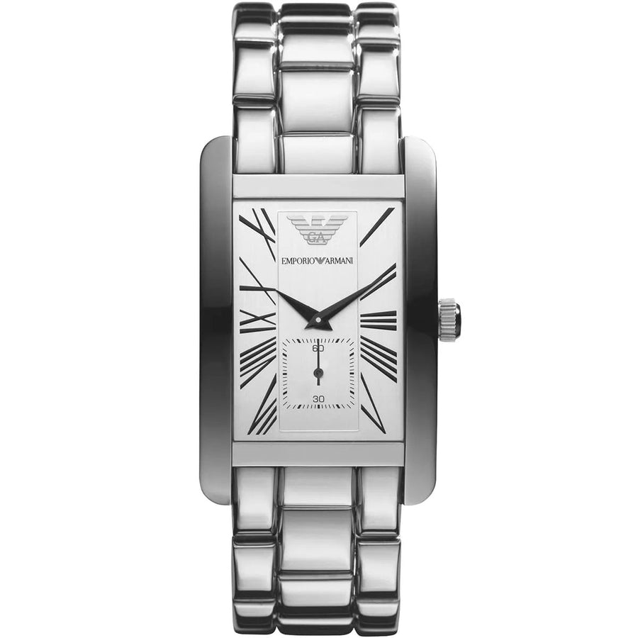 Close-up of Emporio Armani AR0145 white dial with minimalist design and classic rectangular shape